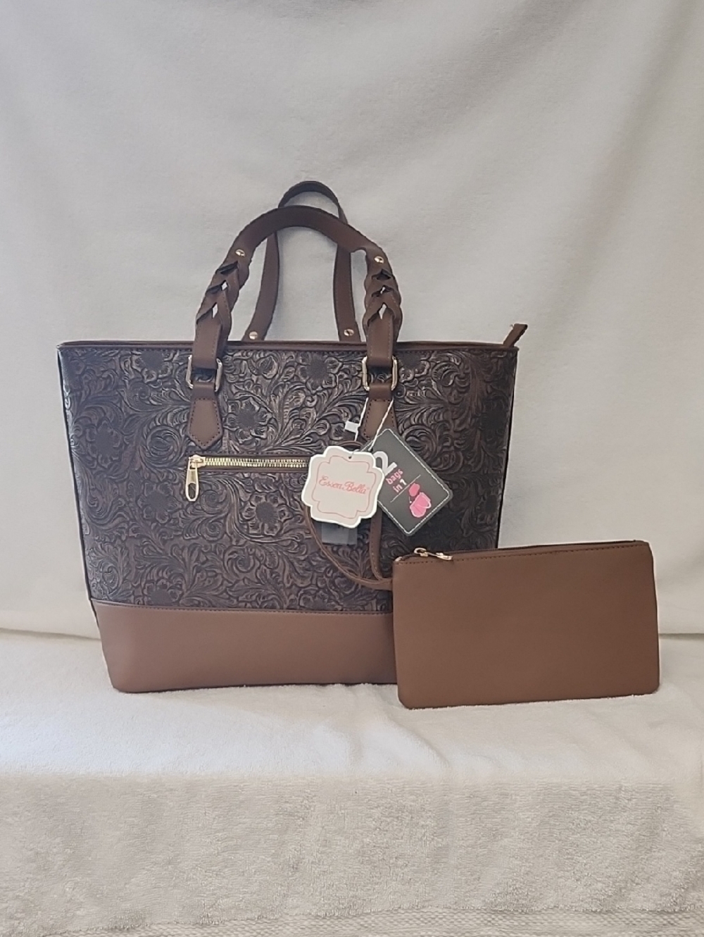 Brown Embossed Tote with Matching Brown Pouch